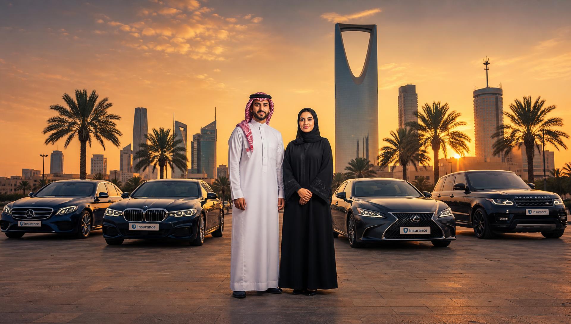شاب وفتاة سعوديان أمام سيارات فاخرة وأفق مدينة سعودية عند الغروب